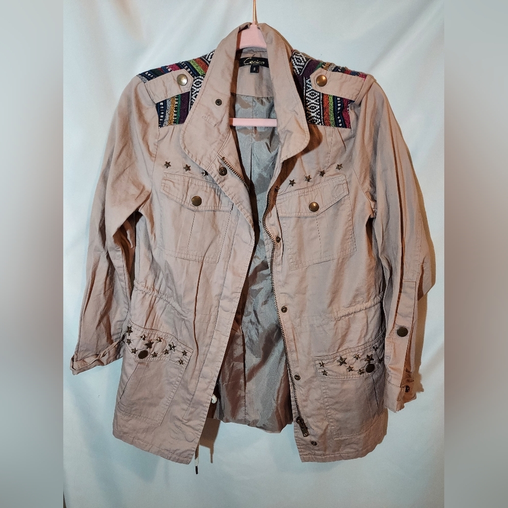 Cecico Beige Utility Jacket with Embroidery And Metal Star Details